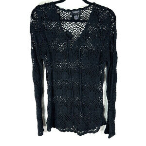 Diagonal Black Crochet Knit Top Scalloped Hem Swim Cover Beachy Hippie M Mod Roc